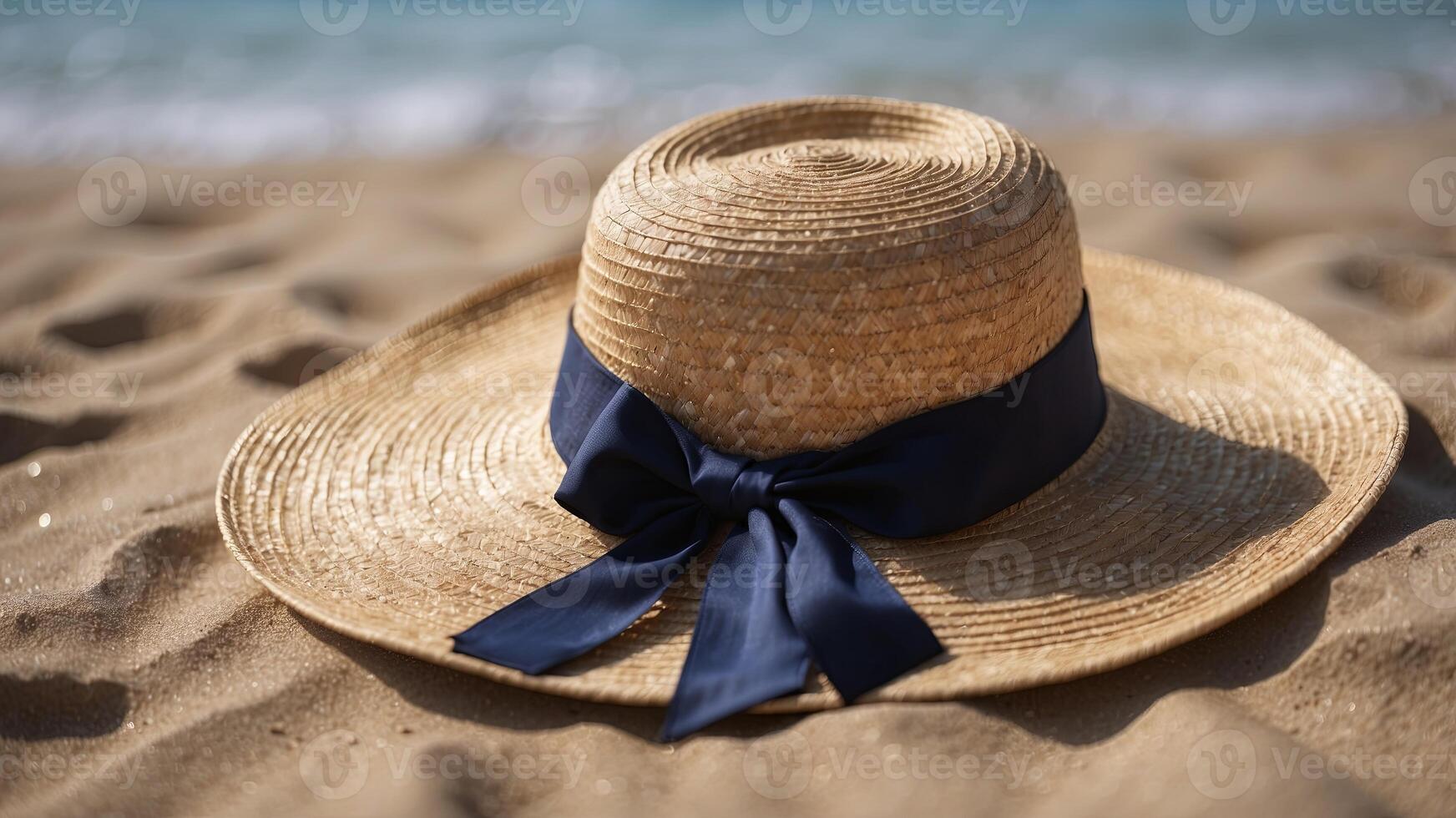 A straw hat with a navy ribbon resting on the sandy beach. photo