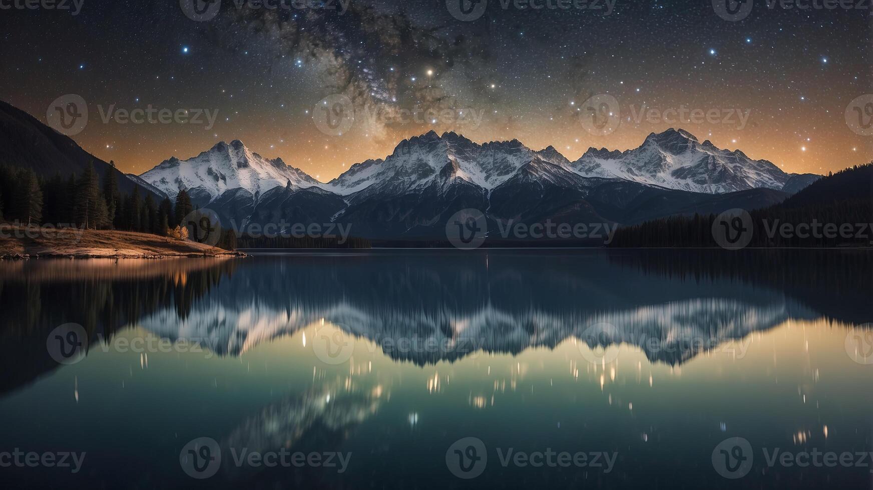 Magnificent Milky Way Reflected in Serene Alpine Lake Beneath Towering Snowy Peaks. photo