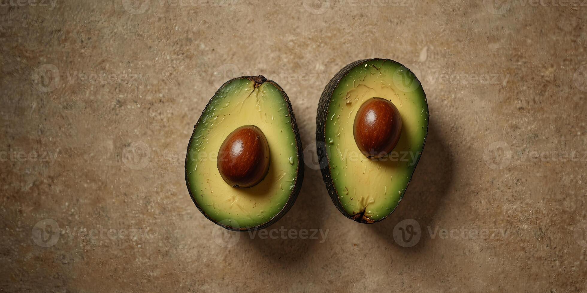 Three avocado halves on beige background, top view Healthy food and diet concept. photo