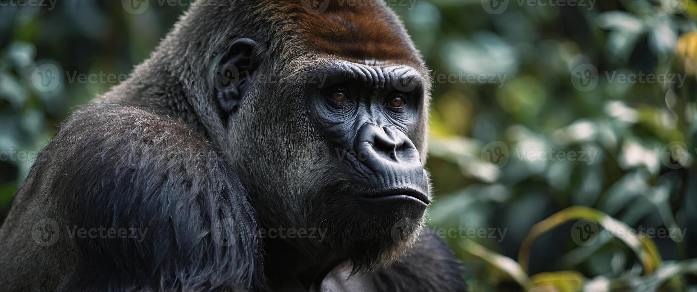 A gorilla stares into the distance with other gorillas in the background. photo