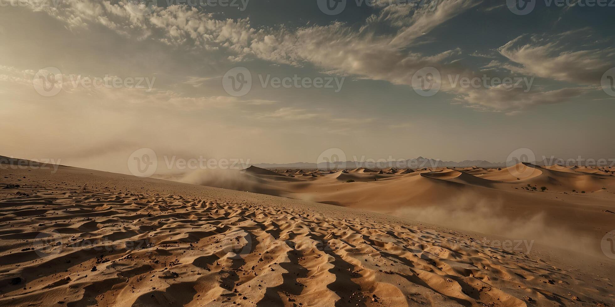 Sandy desert with a dramatic sandstorm, dynamic and powerful nature concept. photo