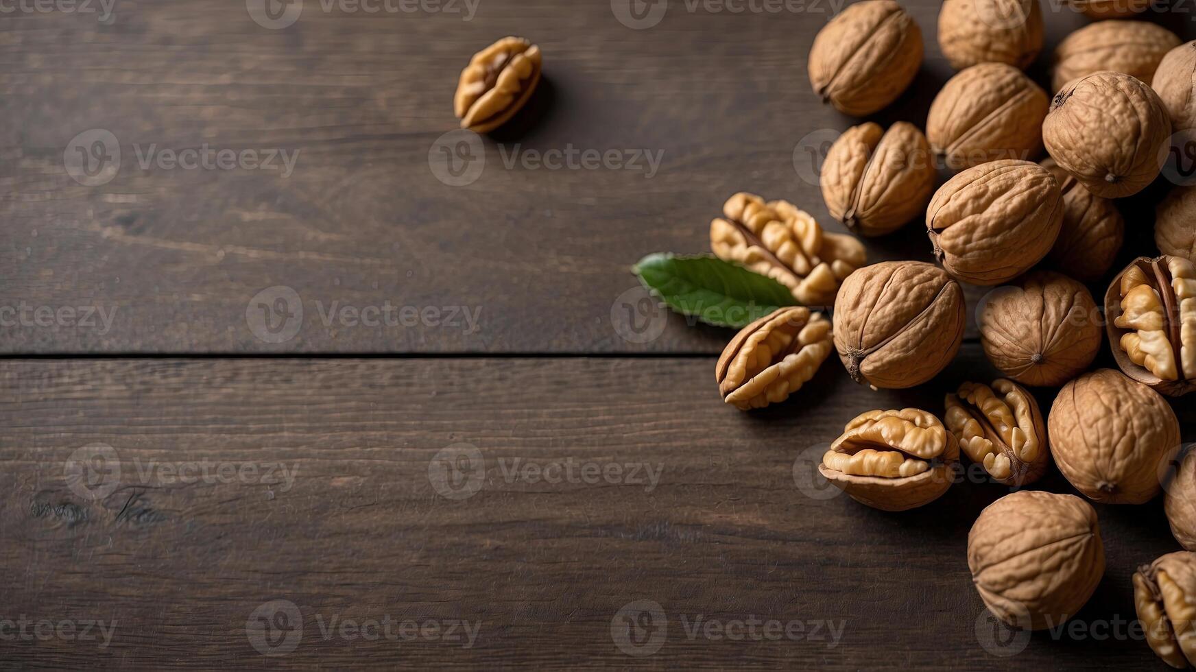 Top view of wood background with fresh walnuts. photo