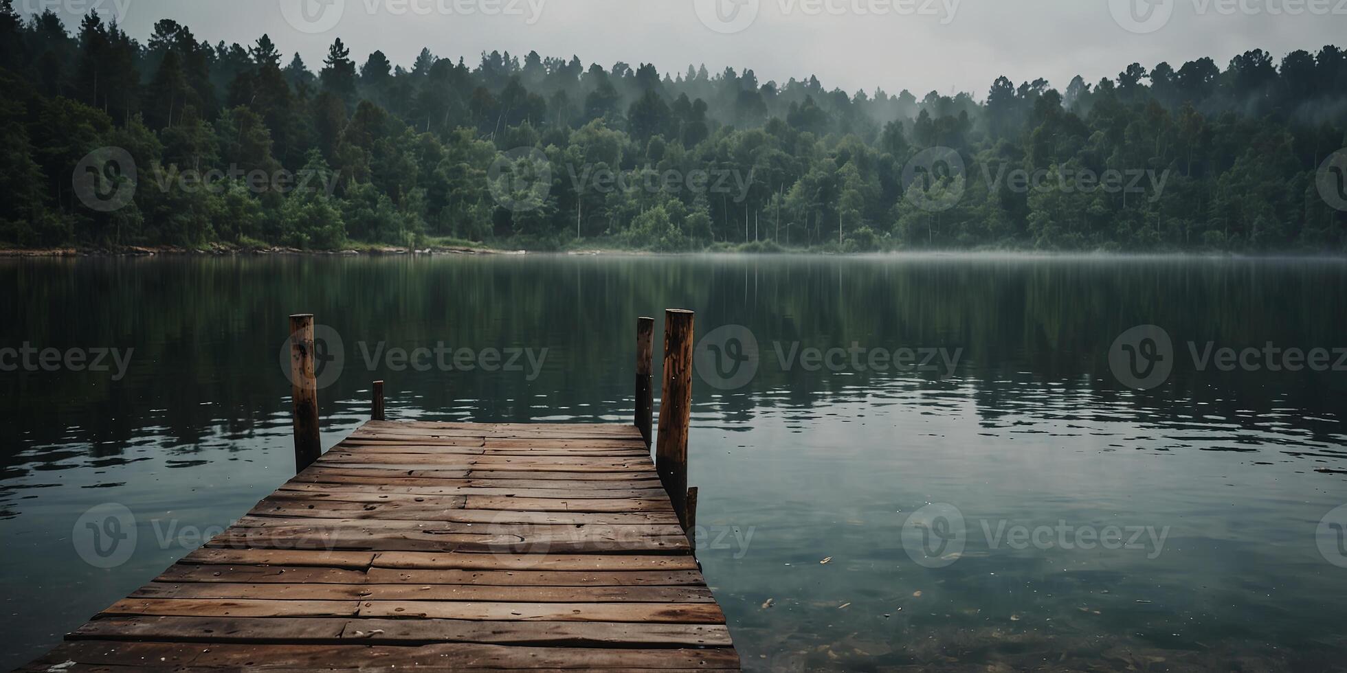 Old wooden pier extending into a misty lake. photo