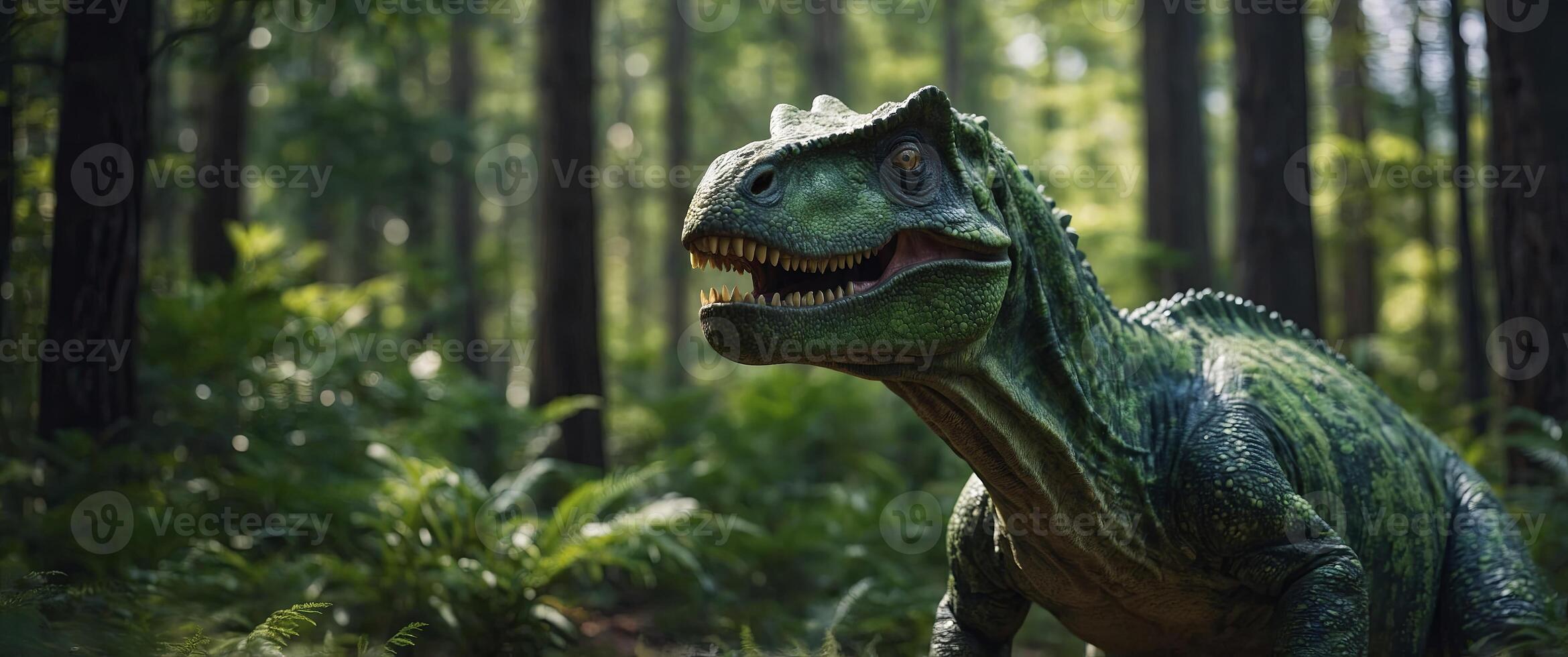 A green dinosaur with sharp teeth is walking through a forest. photo