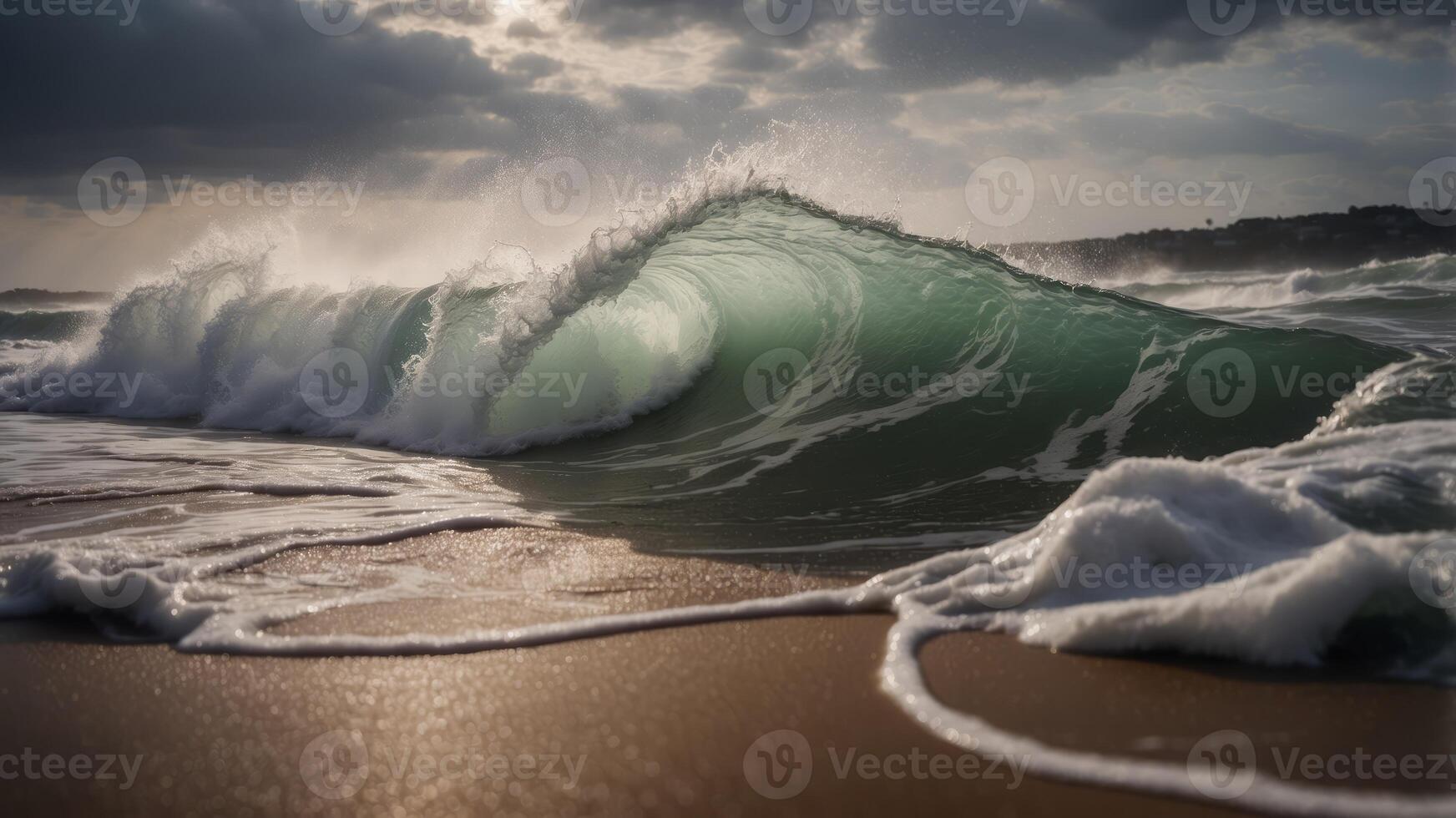Dramatic, powerful waves crashing on a sandy beach with a stormy sky in the background. photo