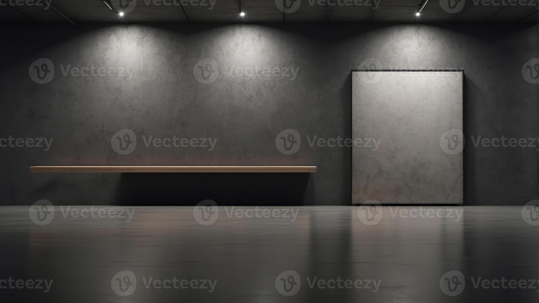 Stark exhibition space with dark concrete walls for displays. photo