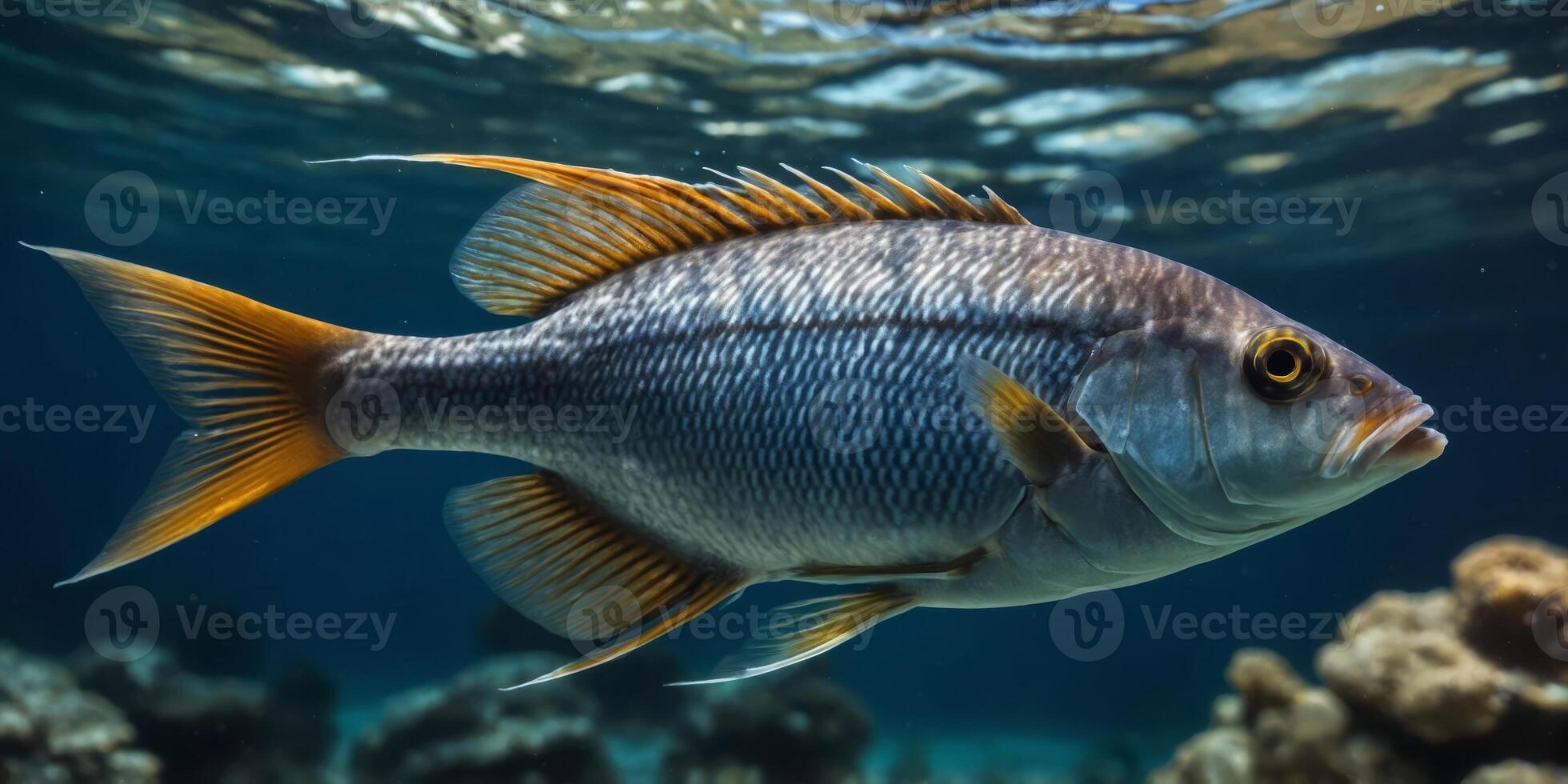 tropicanl fish under wanter split view with wanterline. photo