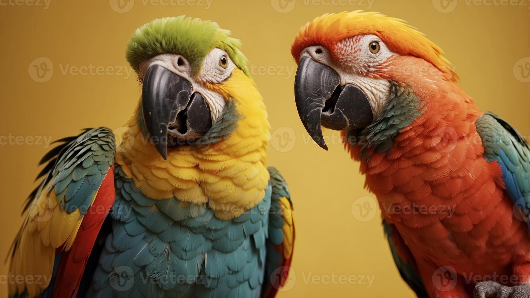 Playful Colorful Parrot Character in Glasses on Yellow Background. photo