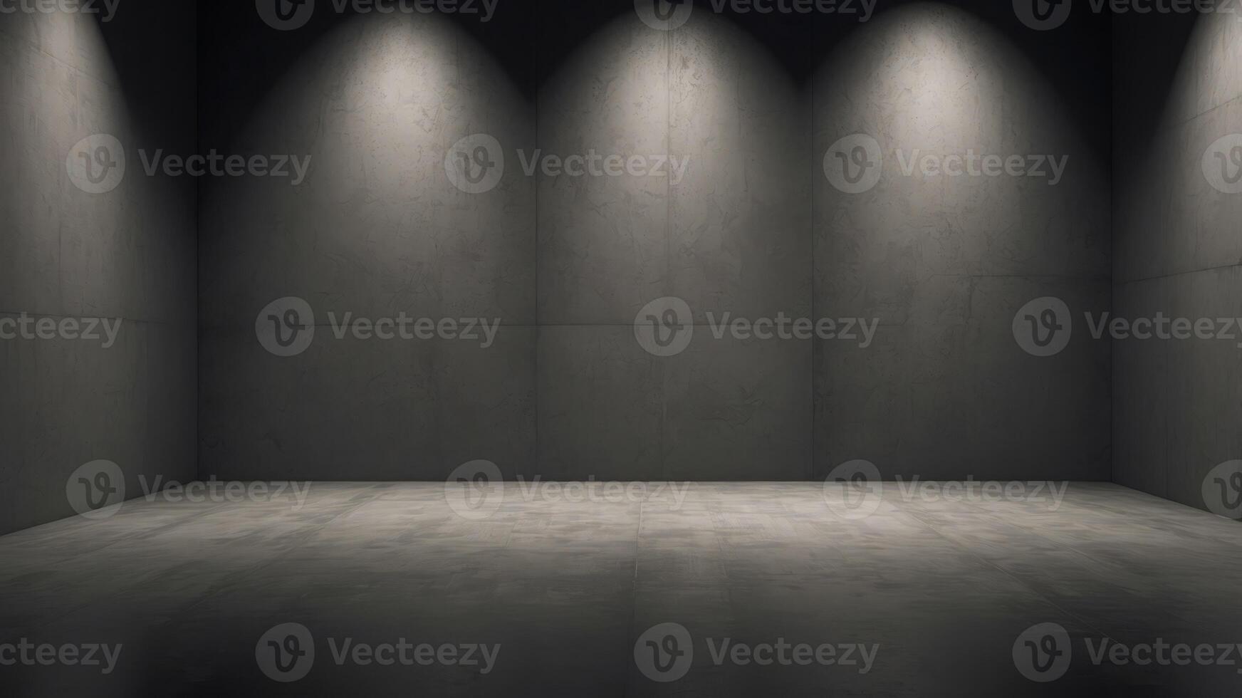 Stark exhibition space with dark concrete walls for displays. photo