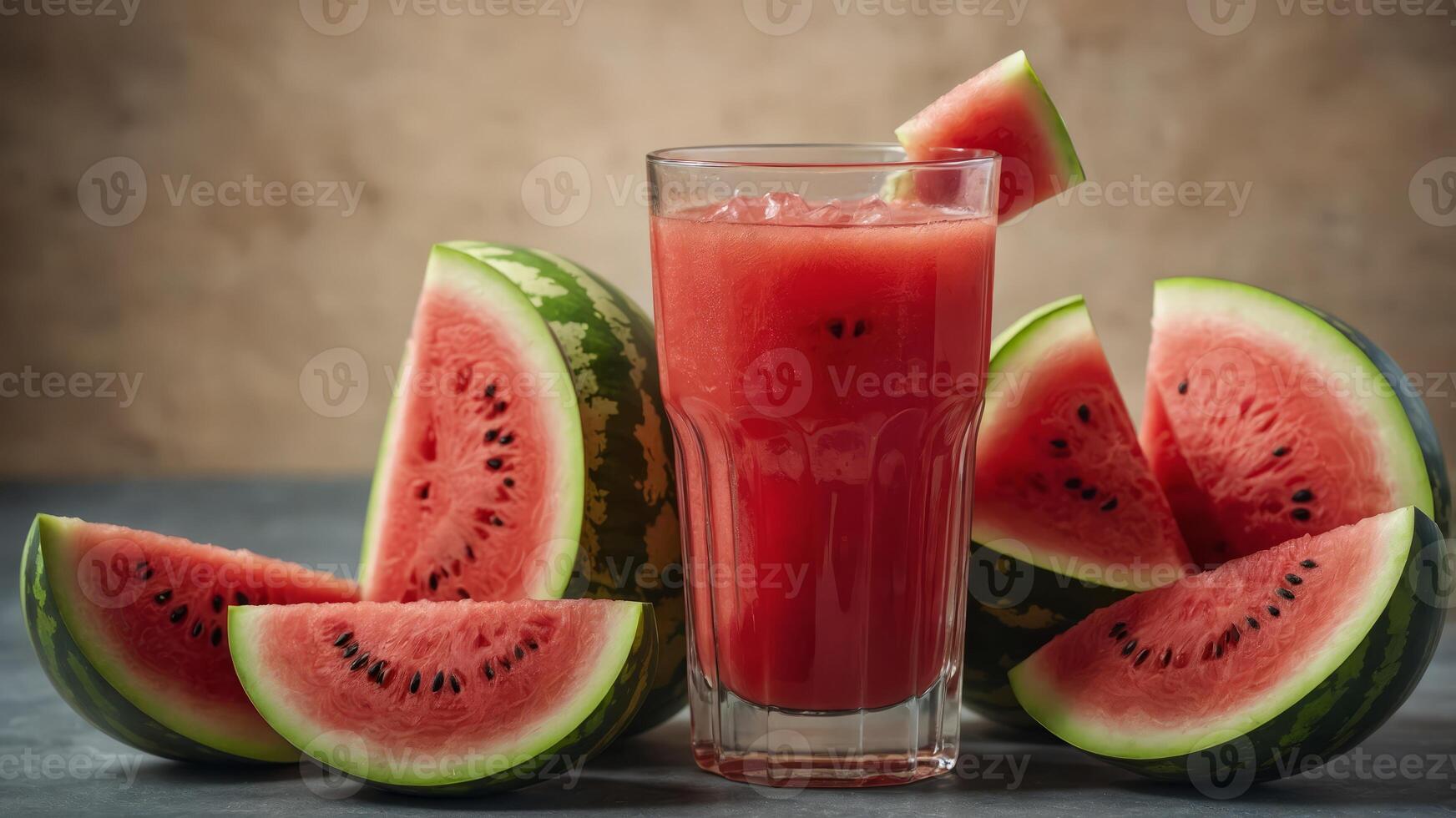 glas of fresh watermelon juice surrounded by watermelon slices. photo