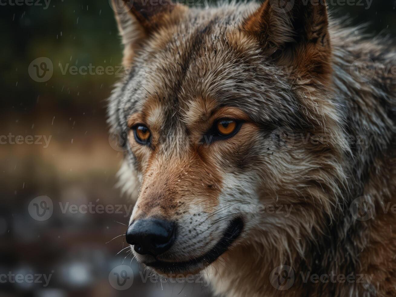A close-up of a wolf's face, with its fur matted and dripping wet. photo
