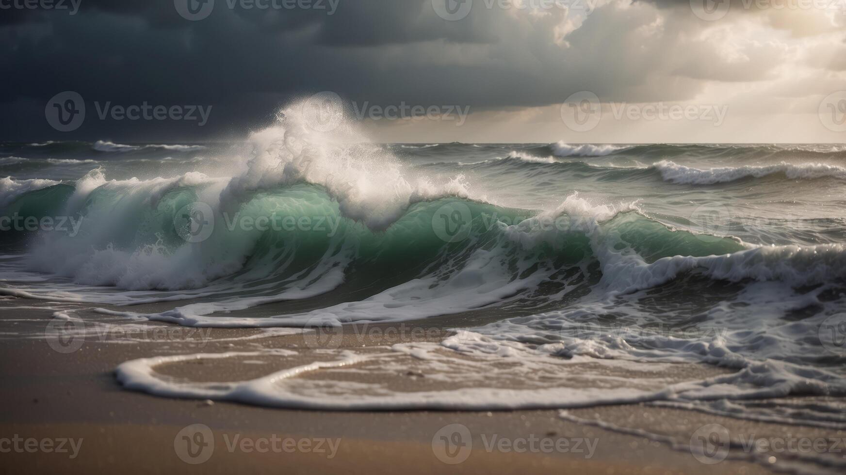 Dramatic, powerful waves crashing on a sandy beach with a stormy sky in the background. photo