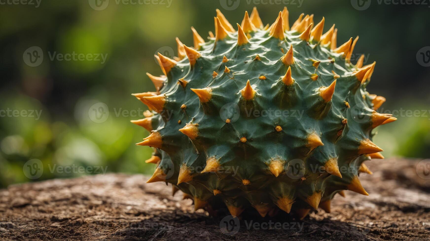 This image shows a horned melon, also known as a kiwano. photo