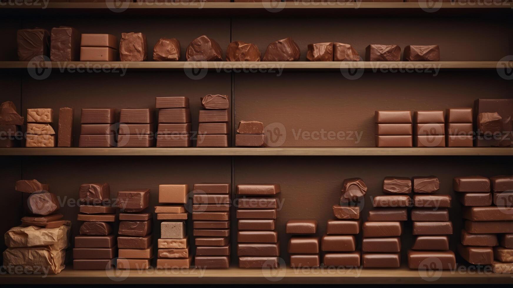 Assorted chocolate bars displayed on wooden shelf in front of full shelf delicious cocoa treats collection for sweet tooths. photo