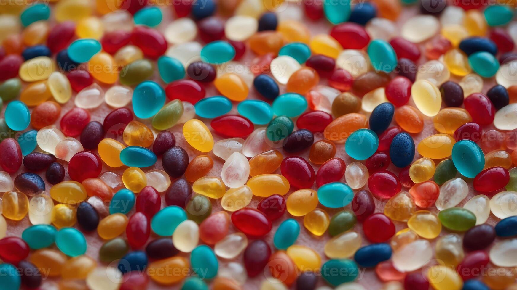 Multicolored jelly beans encapsulated in clear bubble. photo