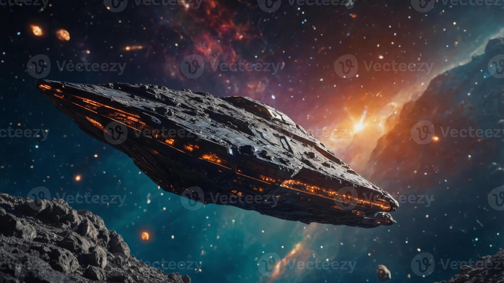Spaceship traveling through a vibrant asteroid field. photo
