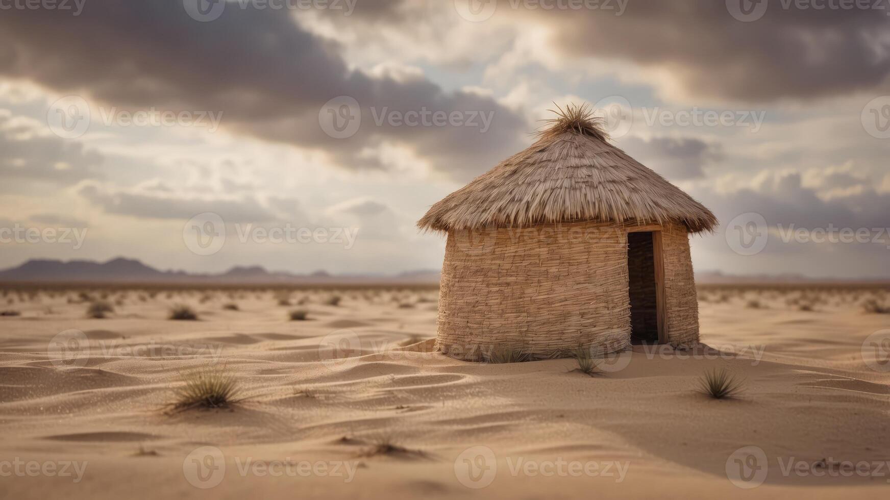 Small, rustic thatched hut in vast, sandy desert under cloudy sky. photo