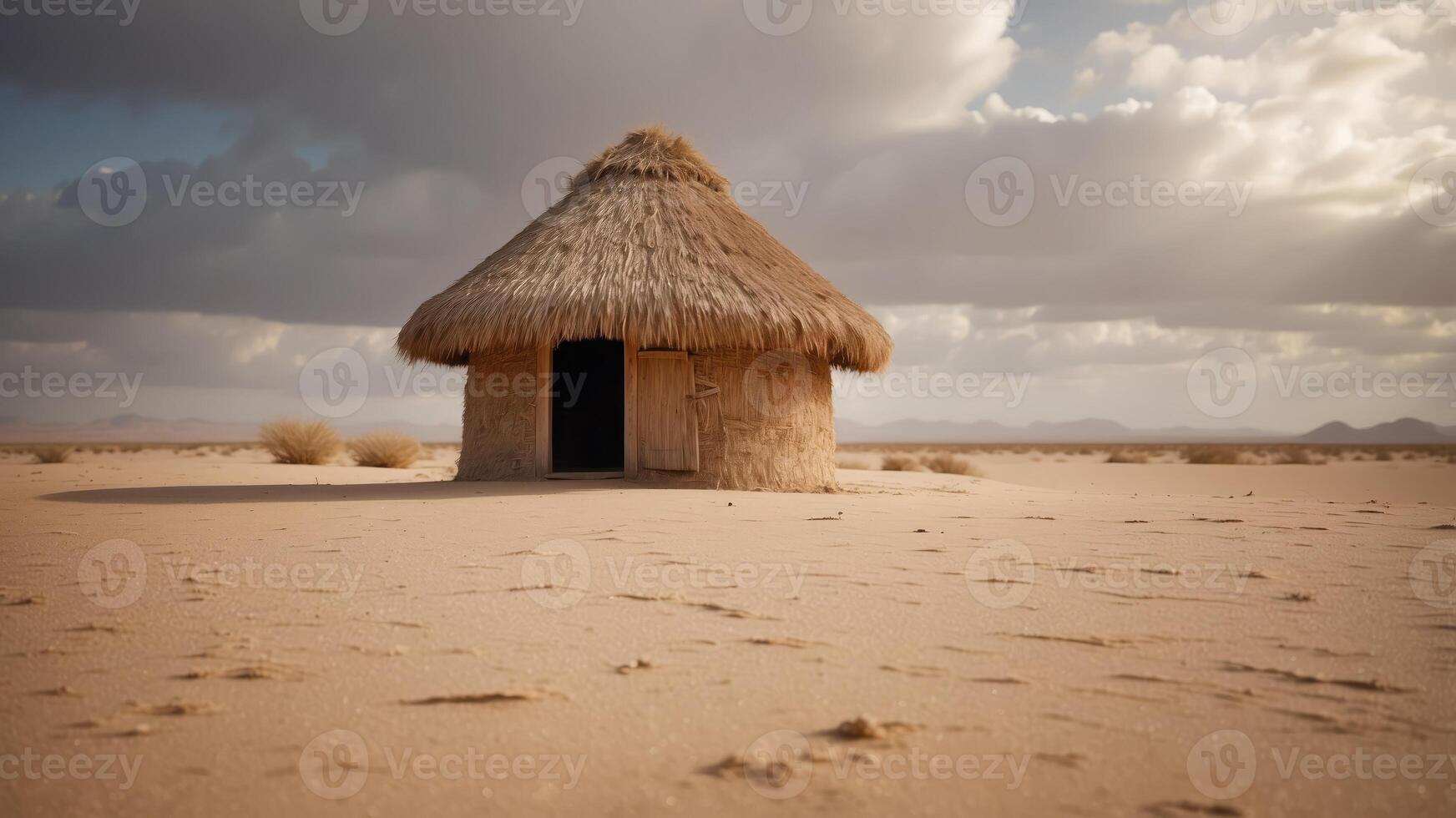 Small, rustic thatched hut in vast, sandy desert under cloudy sky. photo