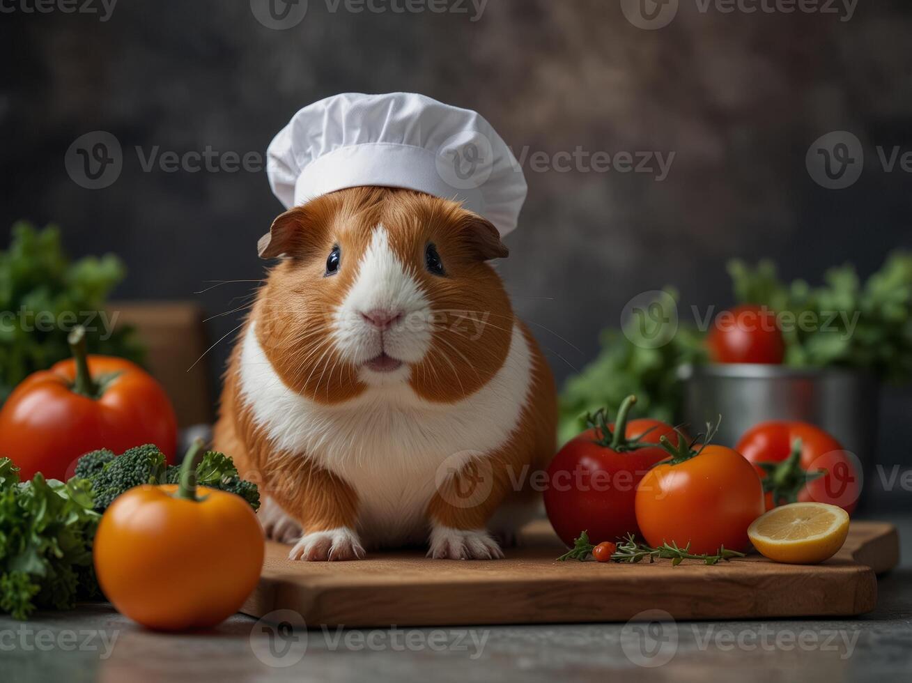 Two guinea pigs in chef hats are standing on a kitchen counter, looking at a cutting board with vegetables on it. photo