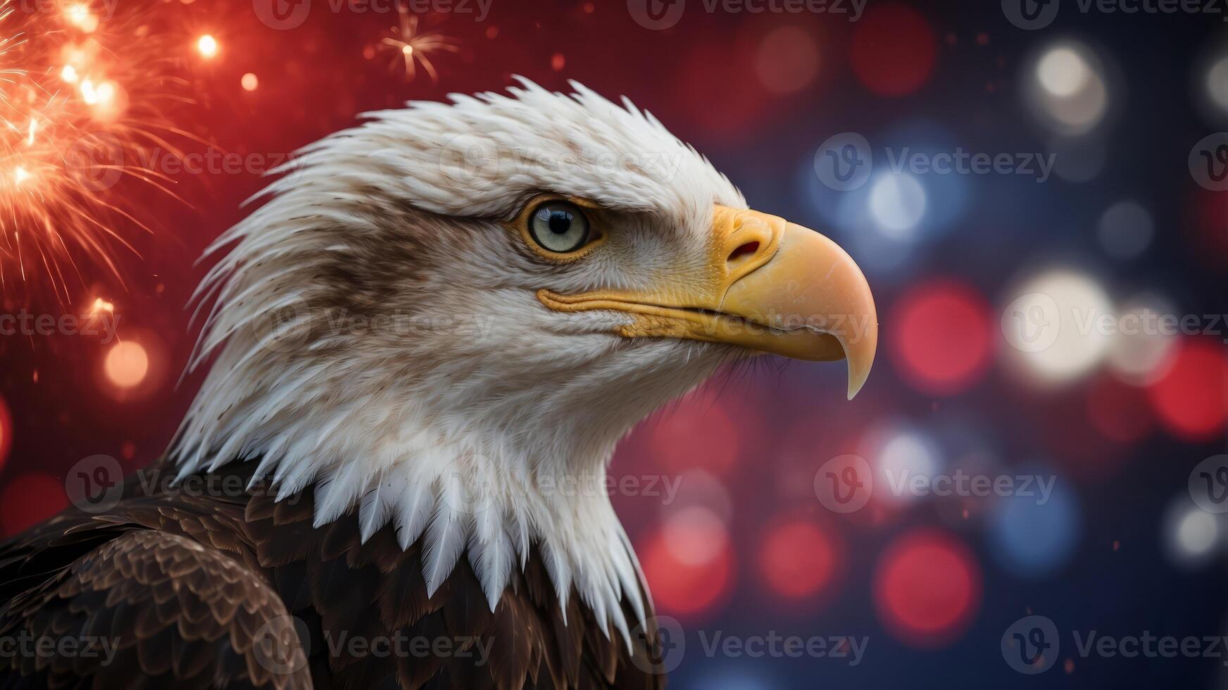 Symbol of america - eagle on a background of red and blue fireworks. photo