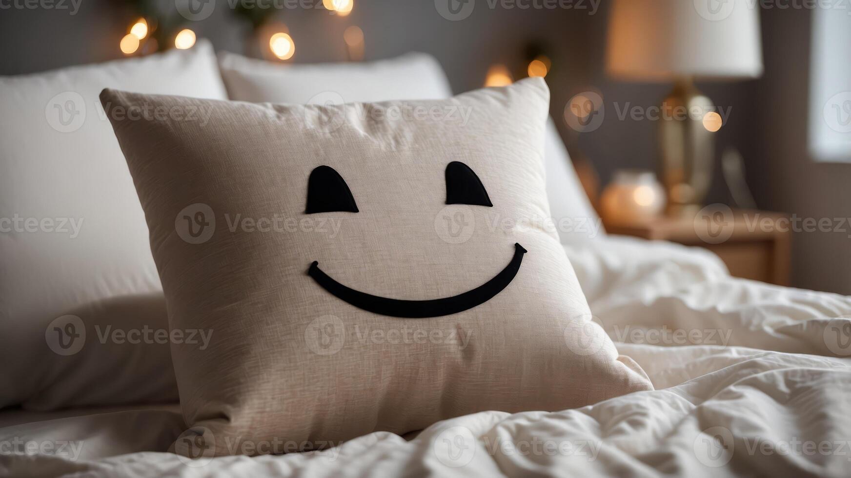 Smiling face pillow on cozy, well-lit bed. photo