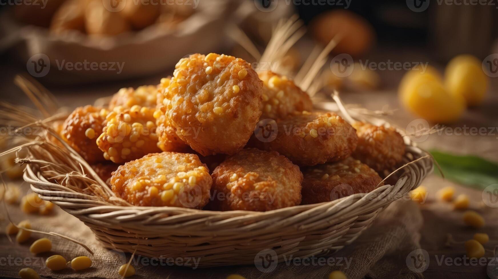 Crispy corn fritters in basket, garnished with wheat stalks and kernels. photo