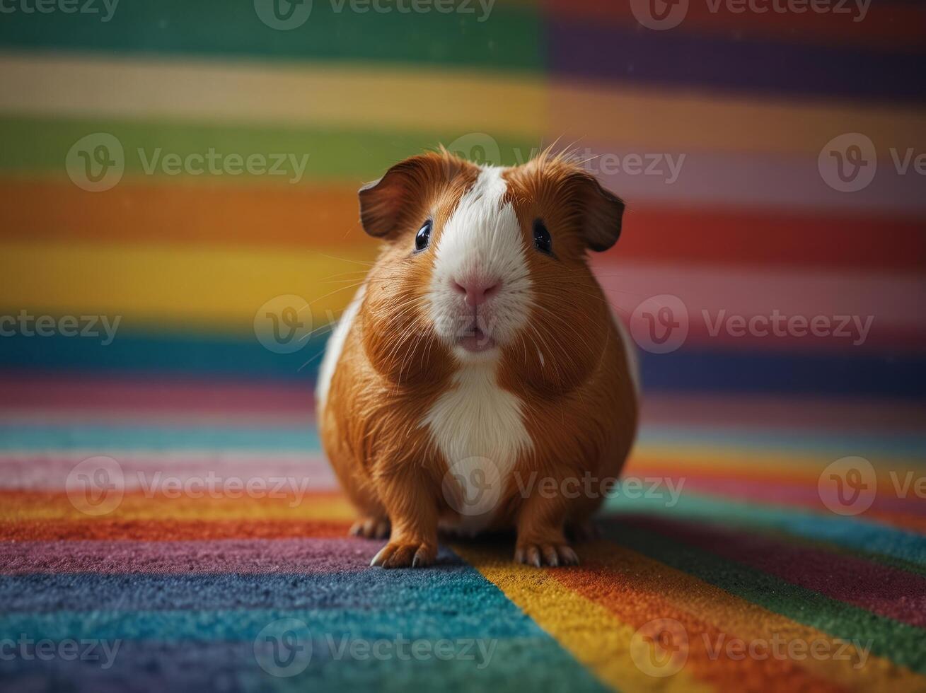 A cute guinea pig with a surprised expression on its face is sitting on a colorful striped surface. photo