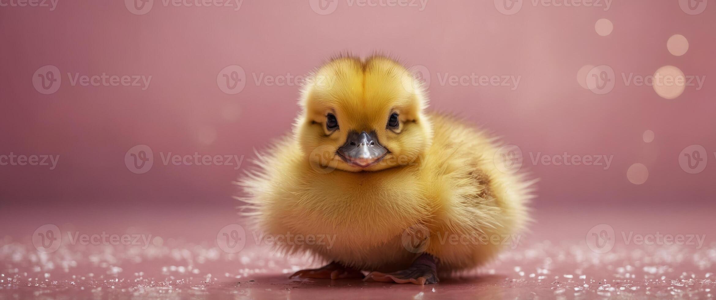 A cute yellow duckling with fluffy fur on pink background. photo