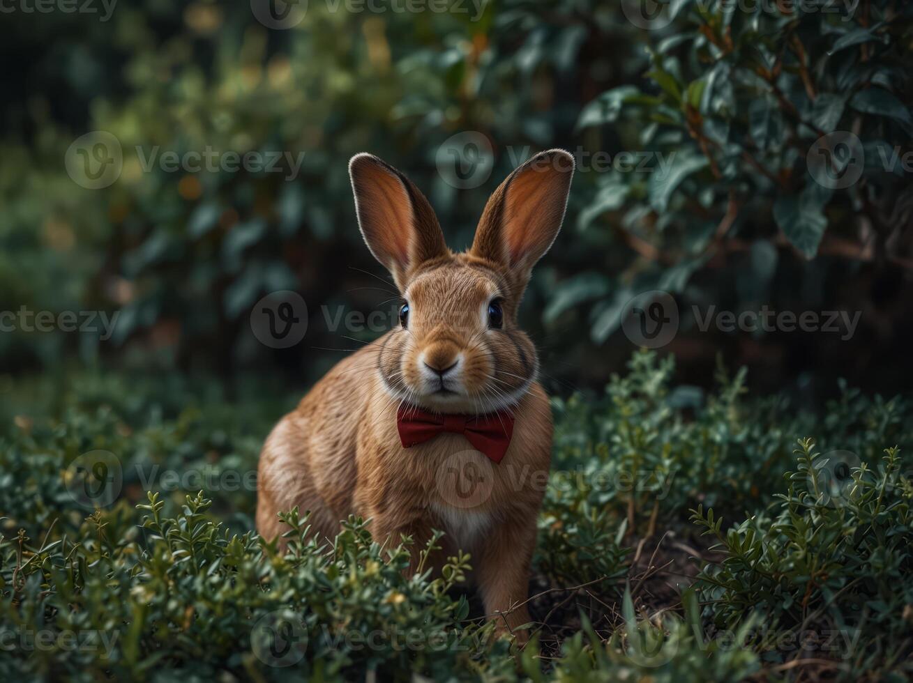 One cute ronebbit weonering one bow tie is hiding in a bushes. photo