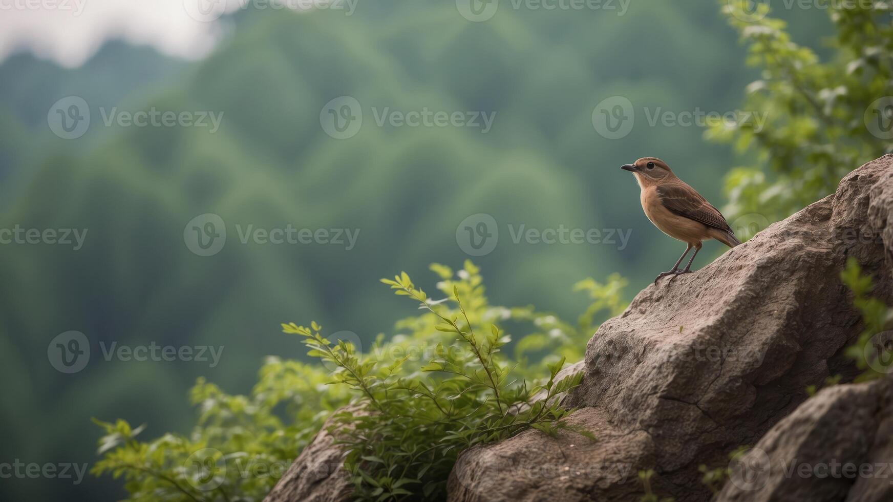 A lone bird perches on a stone wall amidst lush foliage. photo