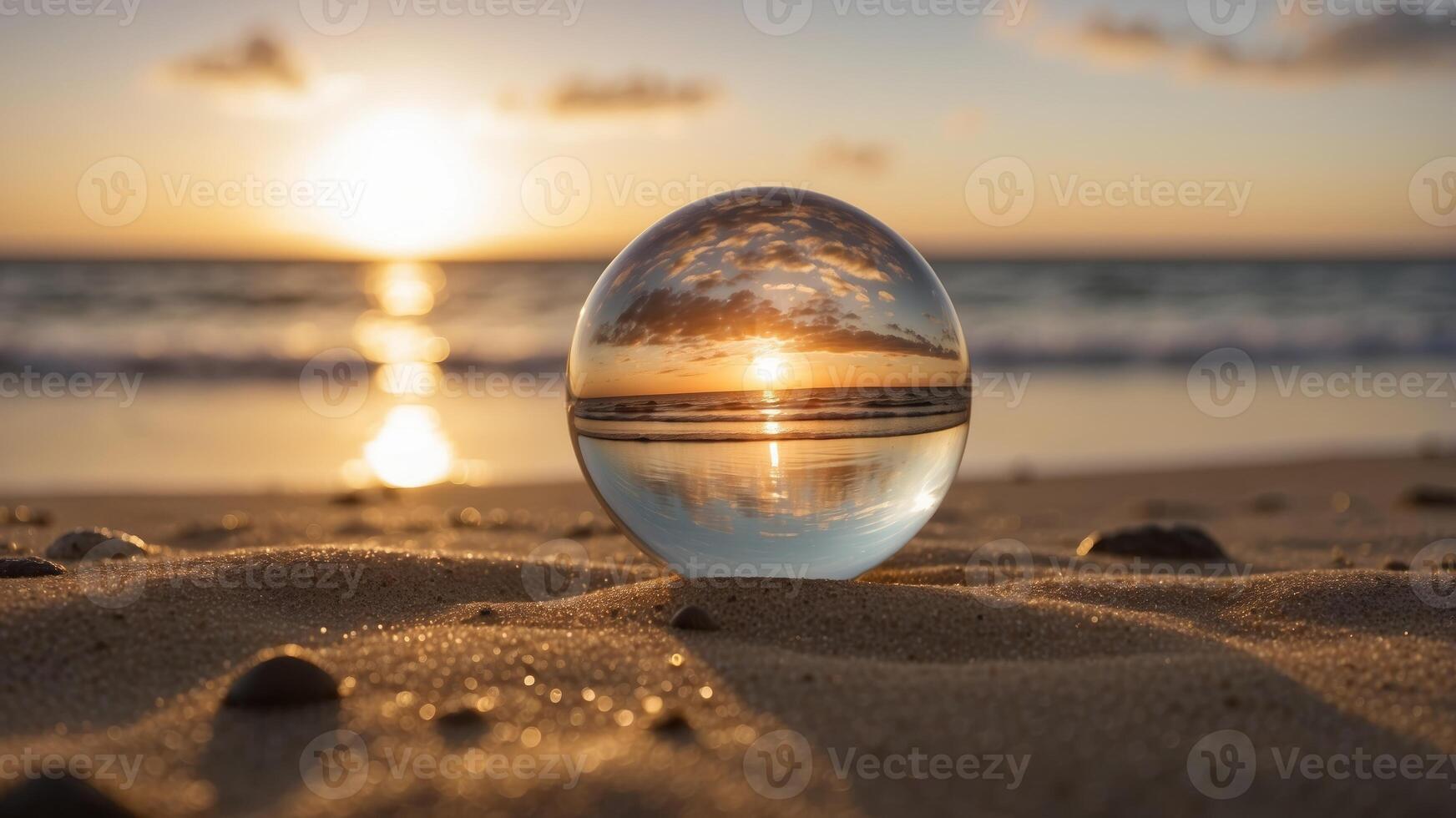 A glass ball on a beach reflecting a beautiful sunrise with clouds in the background, capturing serene and tranquil scenery. photo