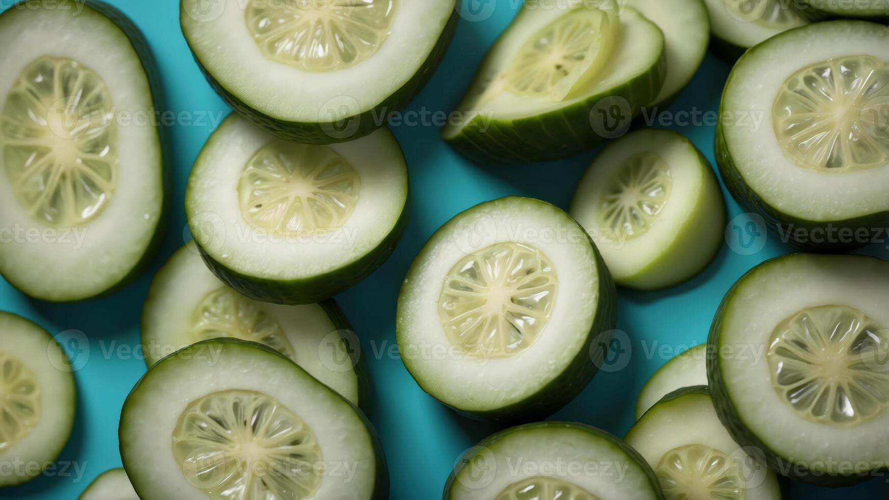 Cucumber slices on a turquoise background. photo