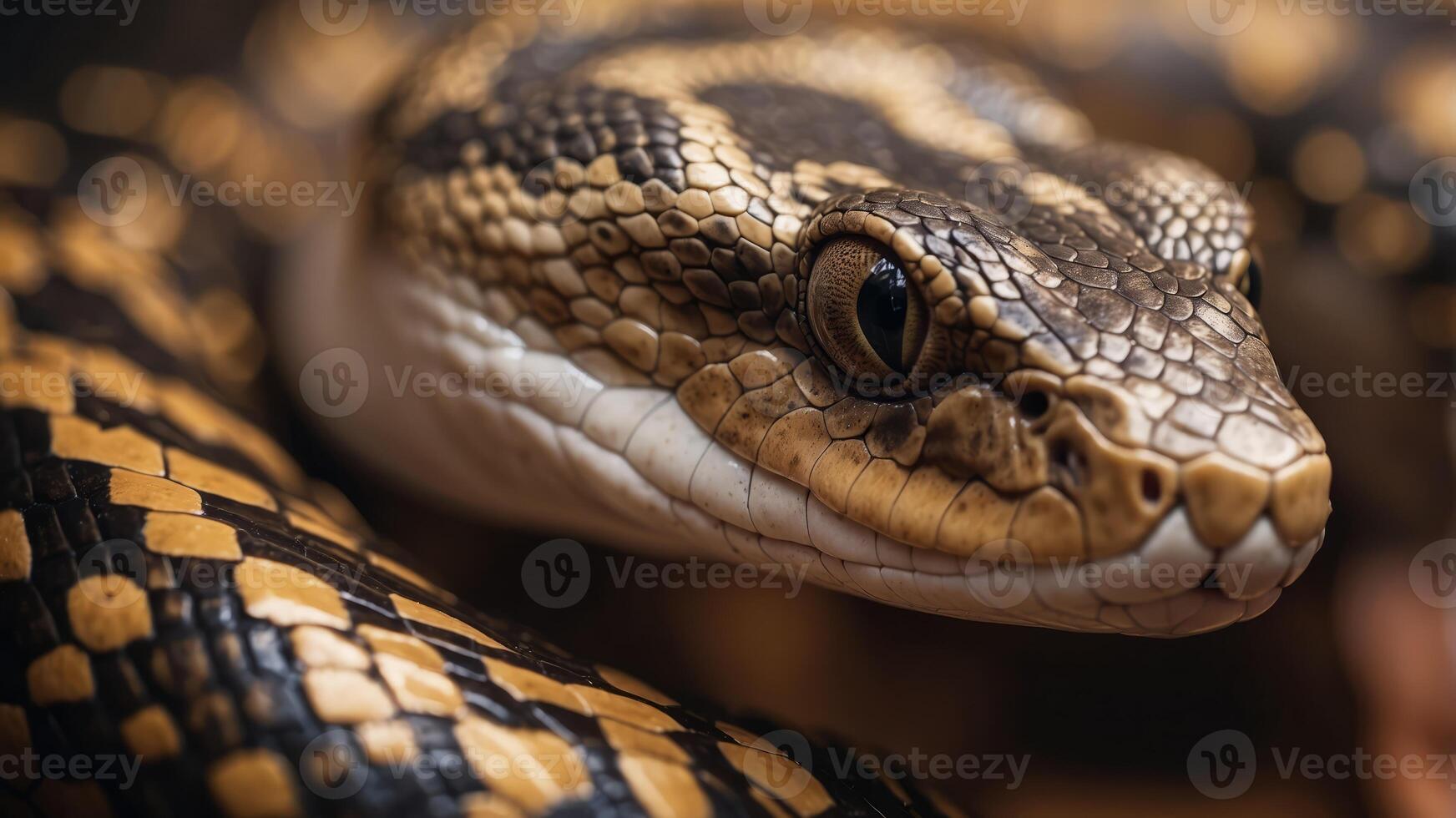 A closeup of the head as well as body of an exotic snake, its scales shimmering under warm light. photo