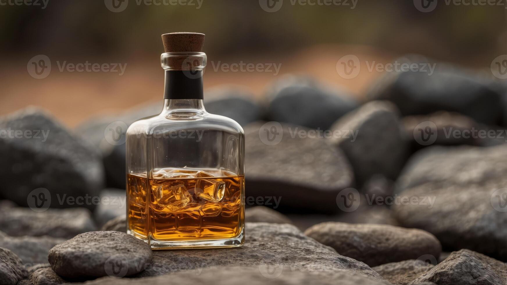 Bottle and glass of whiskey on rocky surface with earthy background. photo