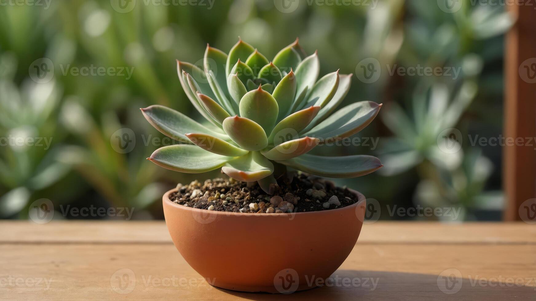 Small succulent in pot on apricot background Interior design, nature, gardening or botanical concept. photo