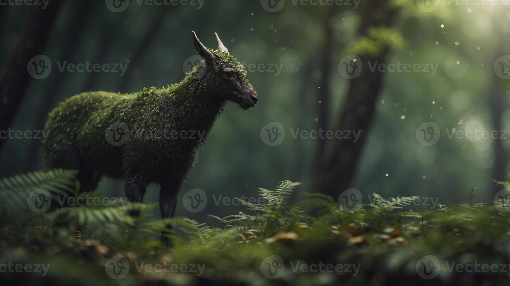 Mystical Creature Emerging from Lush Forest Foliage. photo