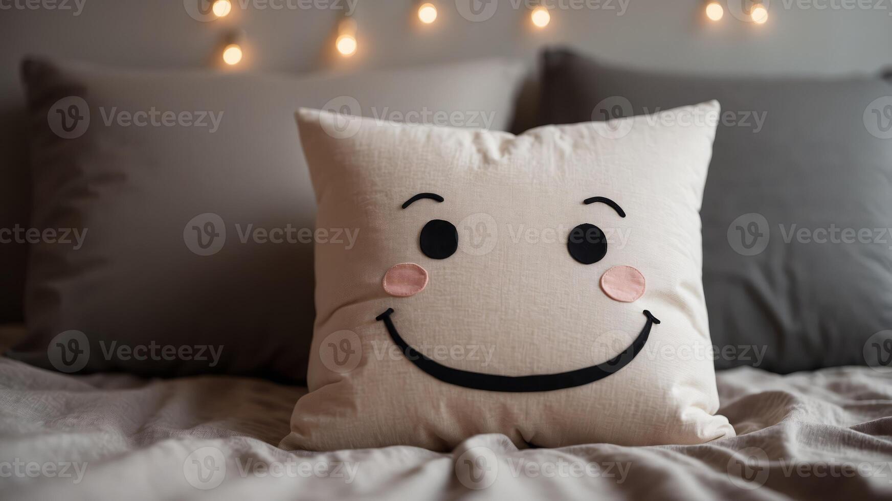 Smiling face pillow on cozy, well-lit bed. photo