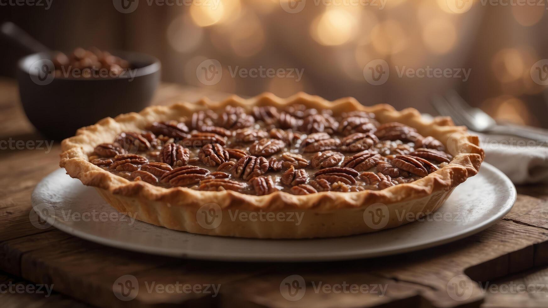 Pecan pie with flaky crust on rustic wooden table. photo