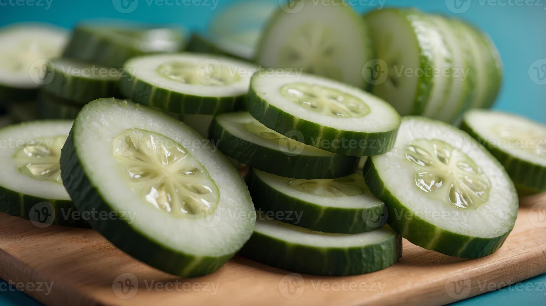 Cucumber slices on a turquoise background. photo