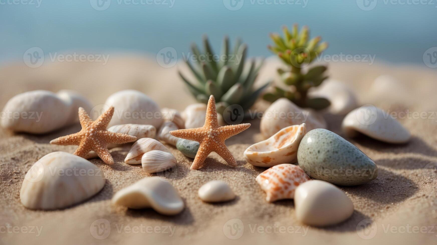 Ecological travel mock up with shells ceramic beads starfish toy succulents and flavor sticks. photo