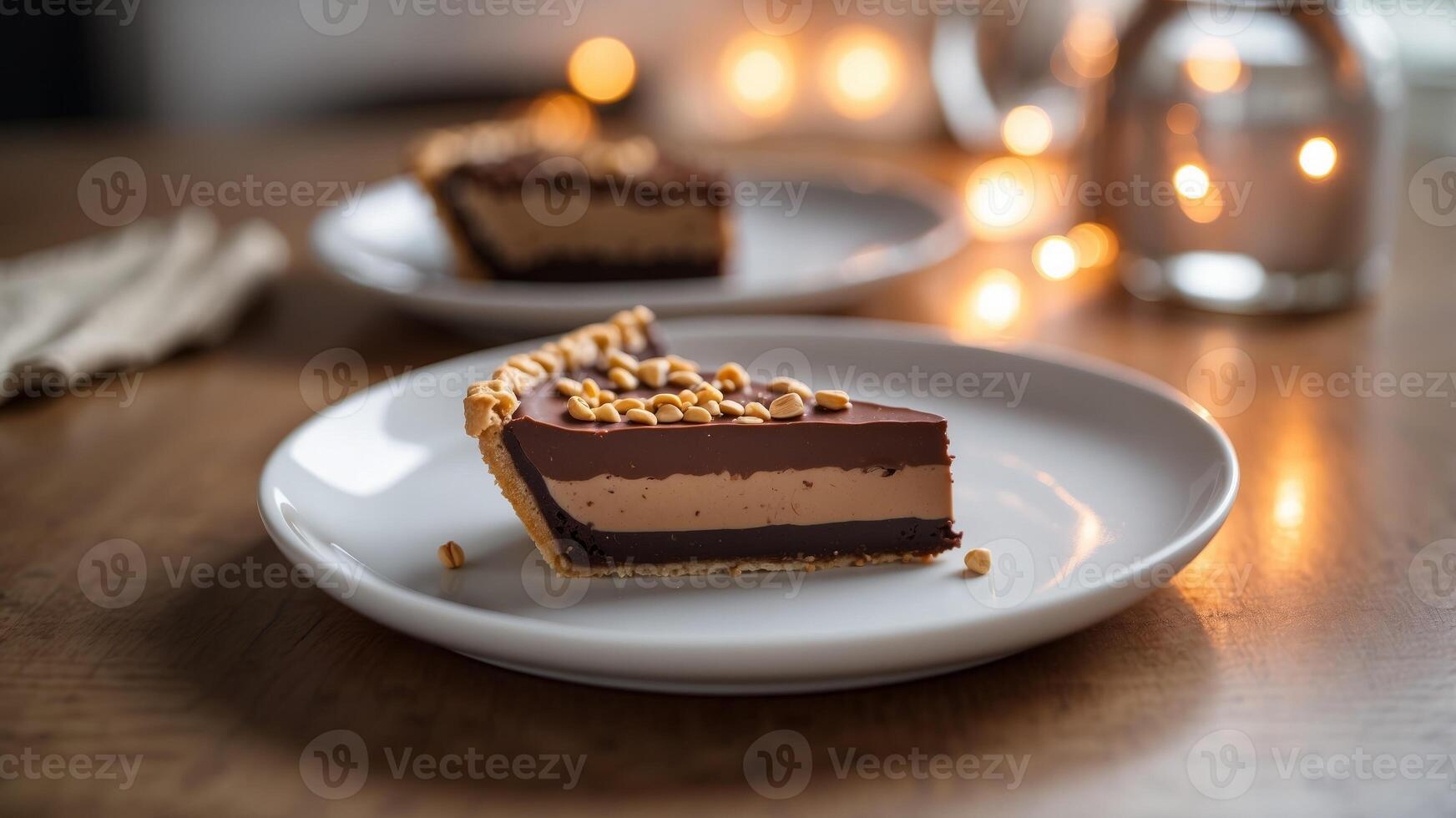 Slice of chocolate peanut butter pie on white plate. photo
