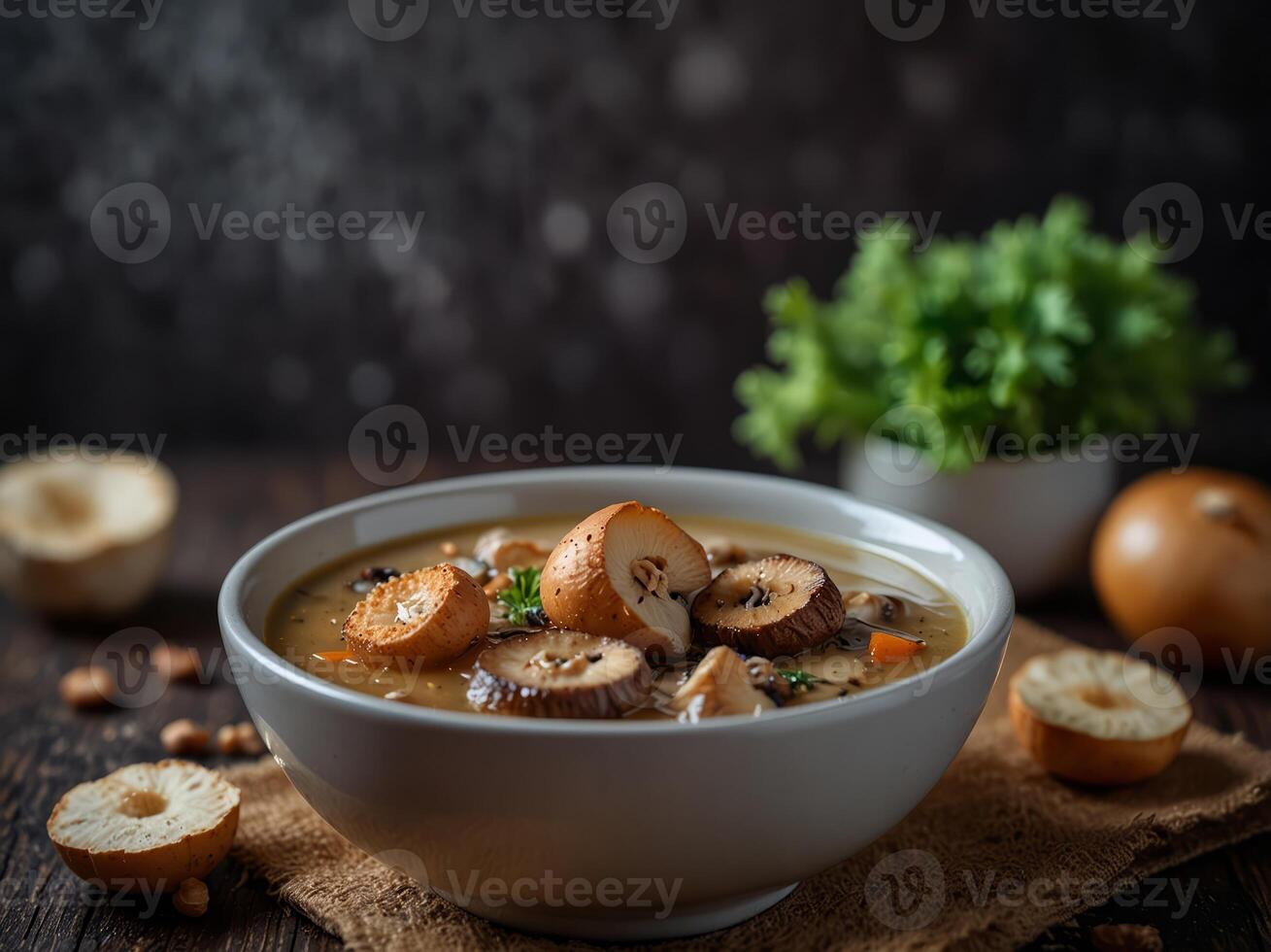 Mushroom champignon soup with fried mushroom topping. photo