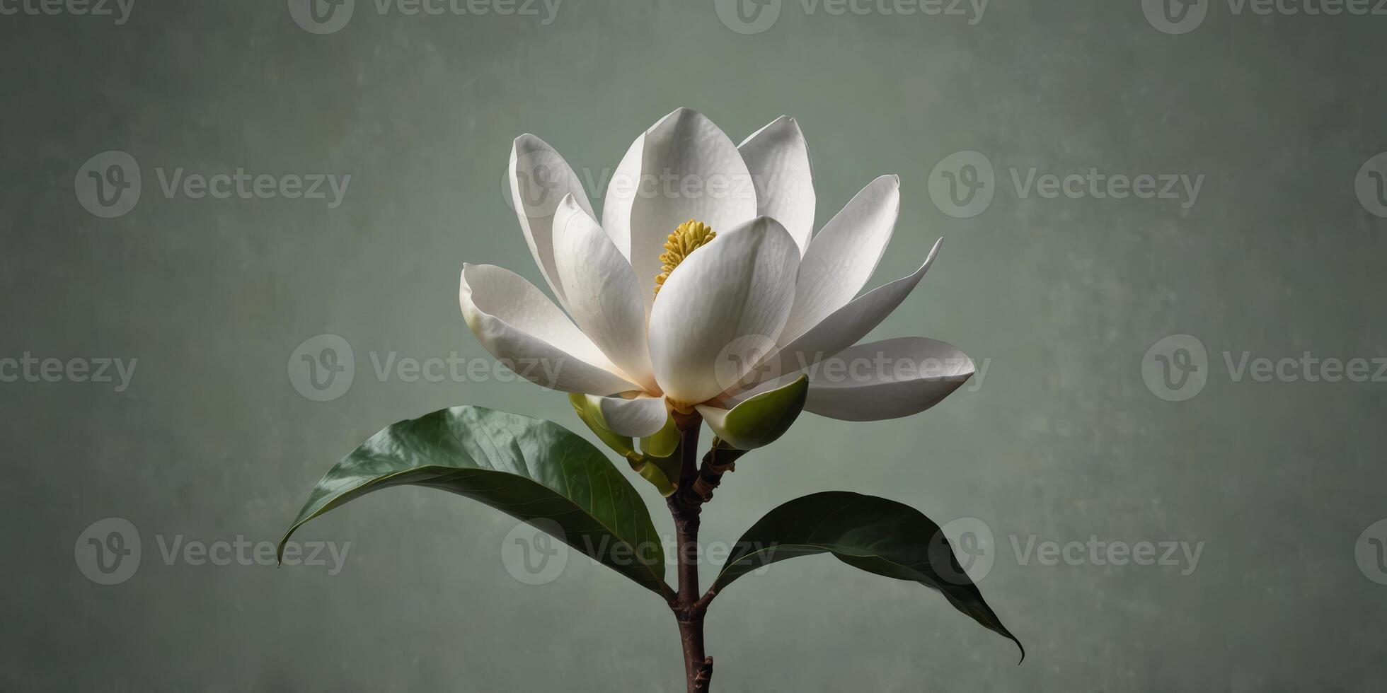 A graceful watercolor clip art of a single magnolia, with white petals and a green stem. photo