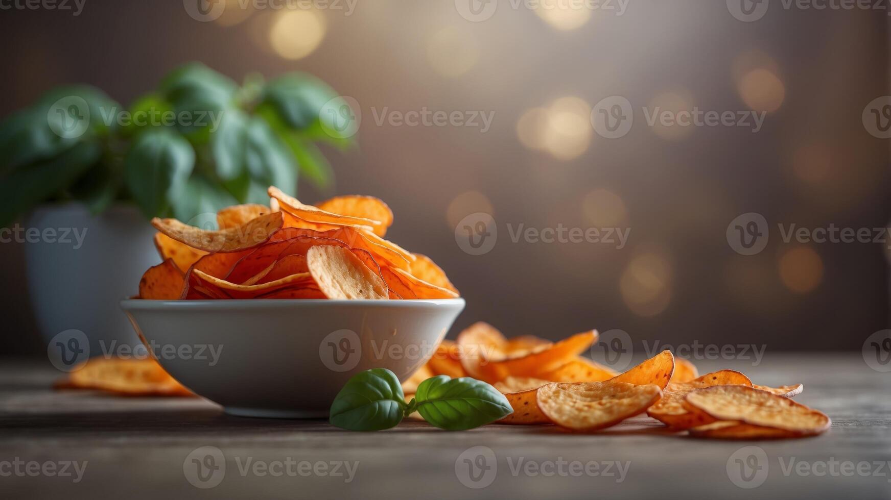 Bowl of Sweet Potato Chips With Fresh Basil. photo