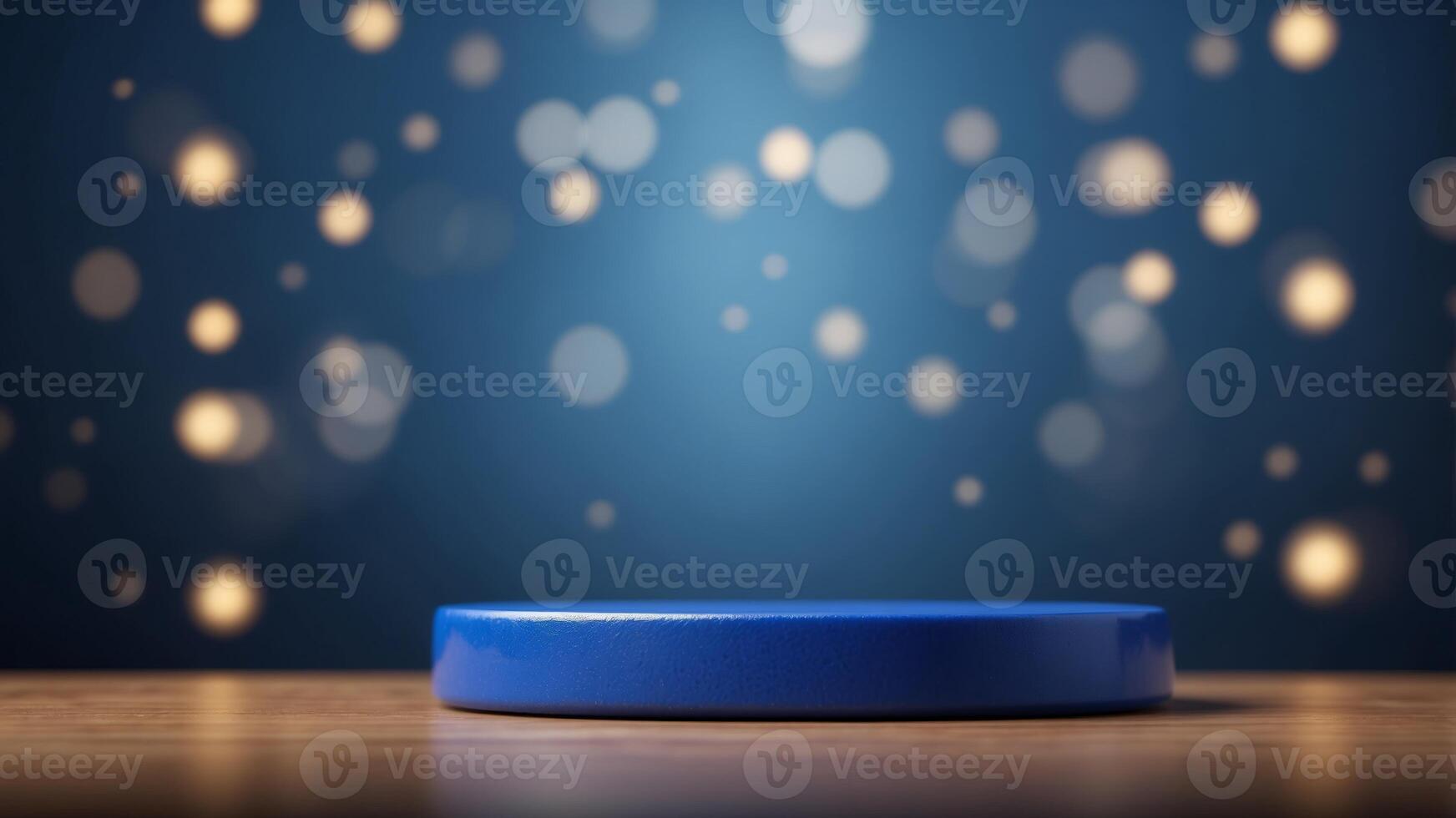 A cylinder pedestal podium display, empty room background, cobalt blue color. photo
