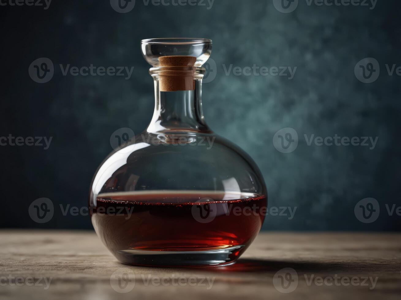 The smooth glass surface of a decanter perfectly reflecting the vibrant colors of a bold and complex wine. photo