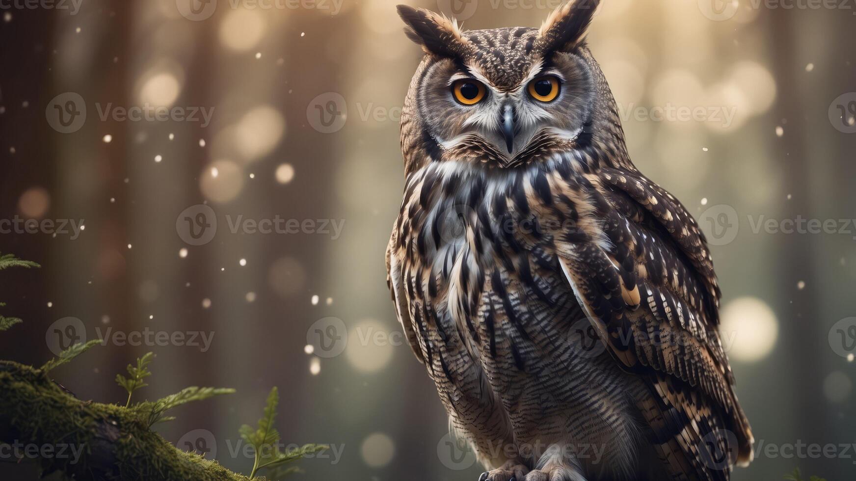 Majestic Owl Perched in Enchanting Moonlit Forest Landscape. photo