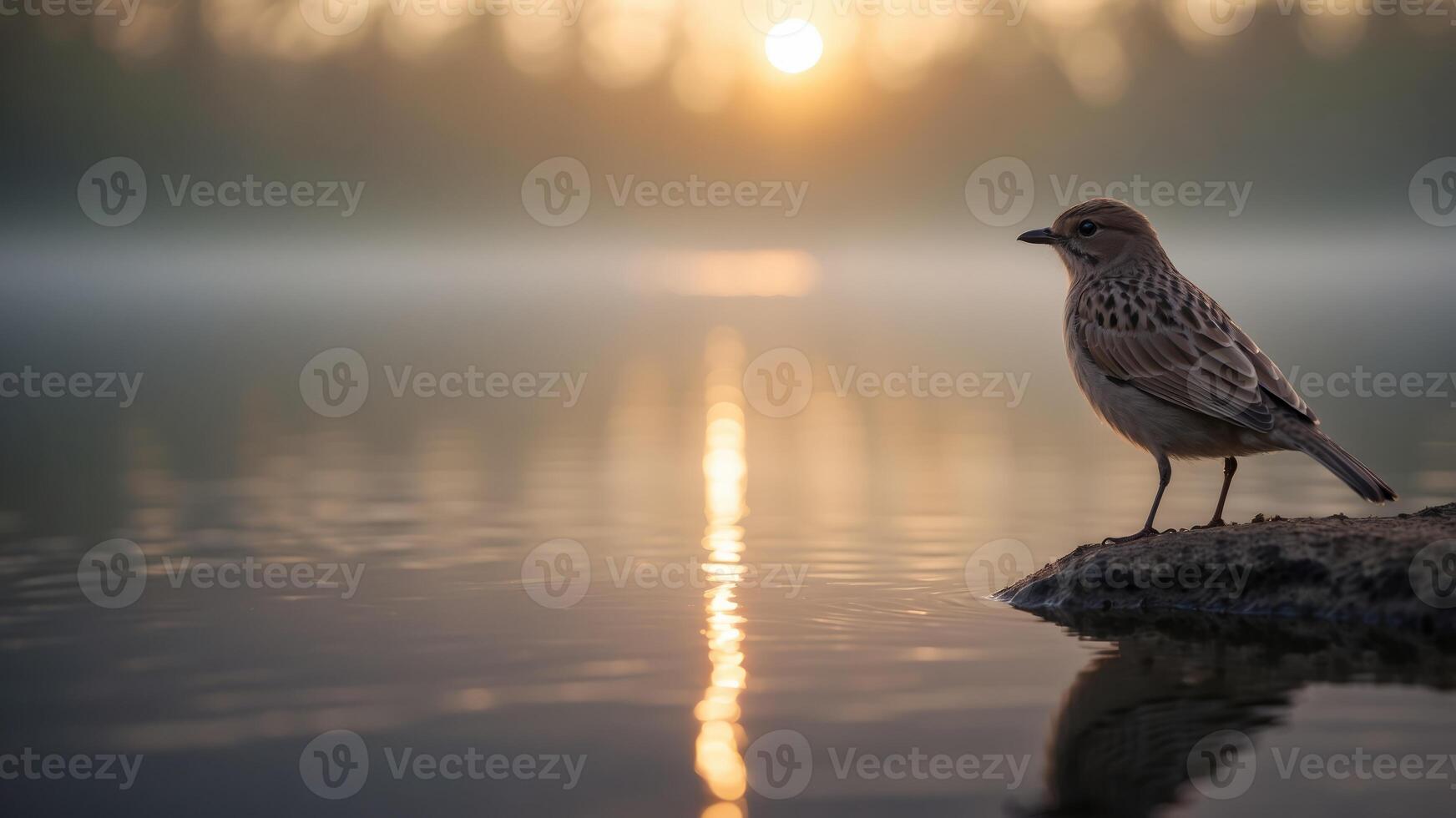 A lone bird sits on a calm lake at dawn, its reflection mirrored in the water The rising sun casts a warm glow through the morning mist. photo