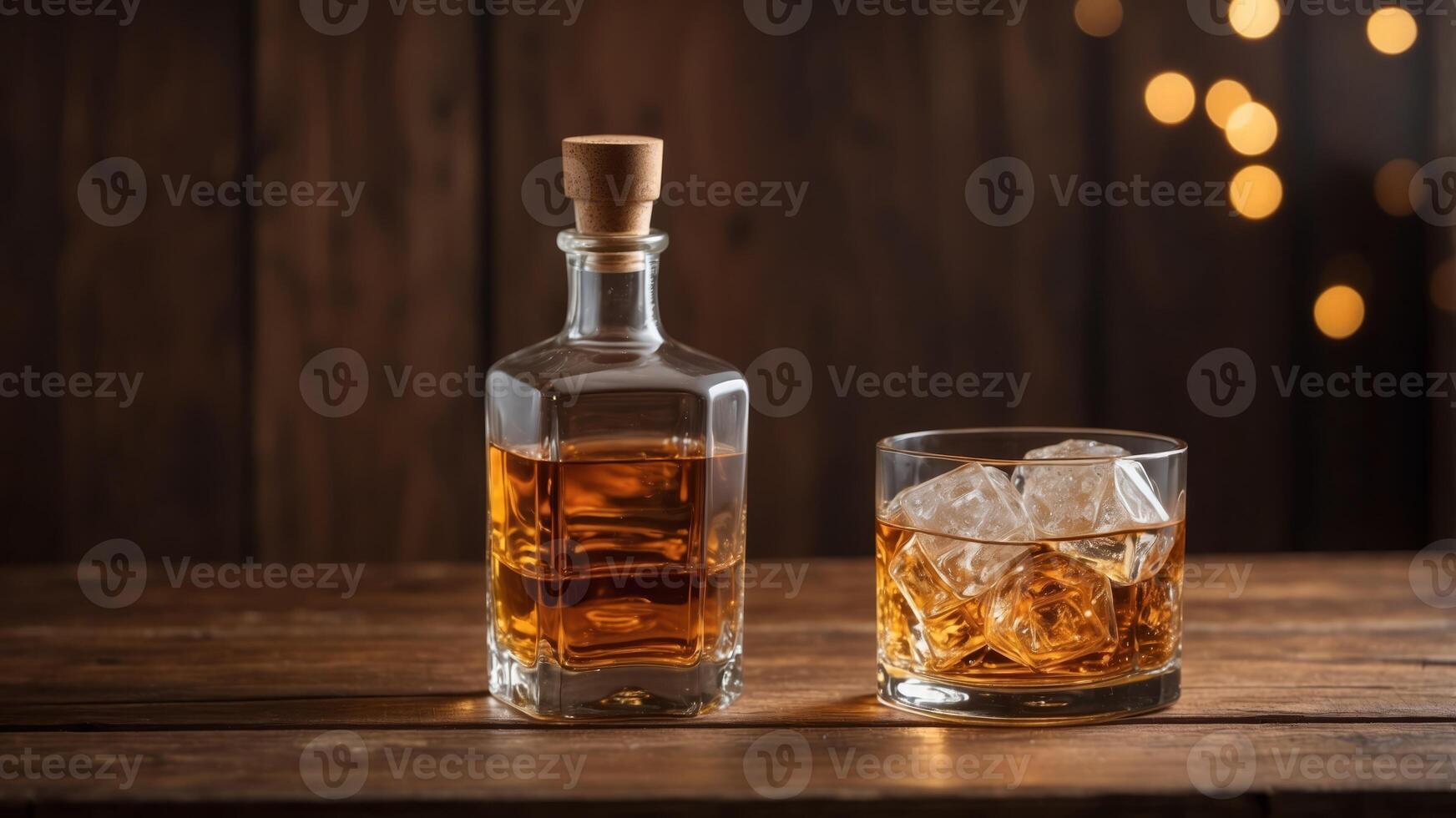 A Relaxing Evening Whiskey Bottle and Glass of Ice on Wooden Table by Wooden Wall. photo