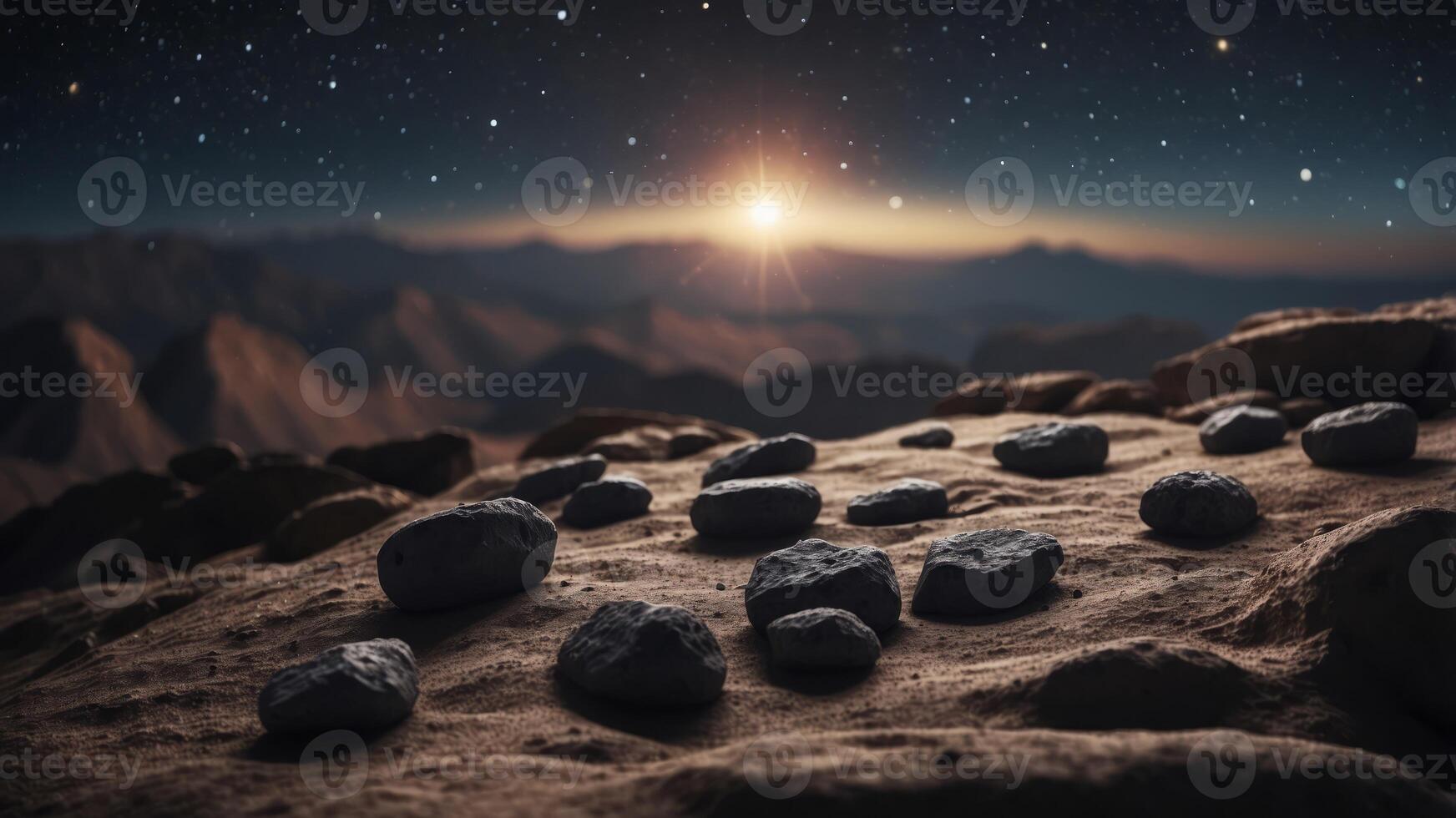 Cinematic Asteroid Belt in Dark Cosmic Expanse with Floating Irregular Rocks and Stars. photo